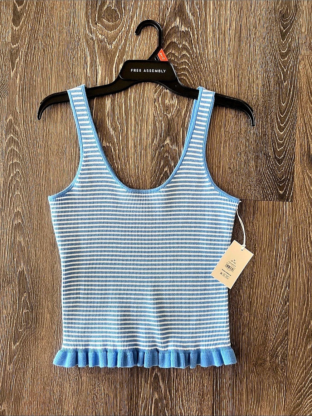 Free Assembly Ruffle Hem Knit Tank Top Blue & White Medium NWT